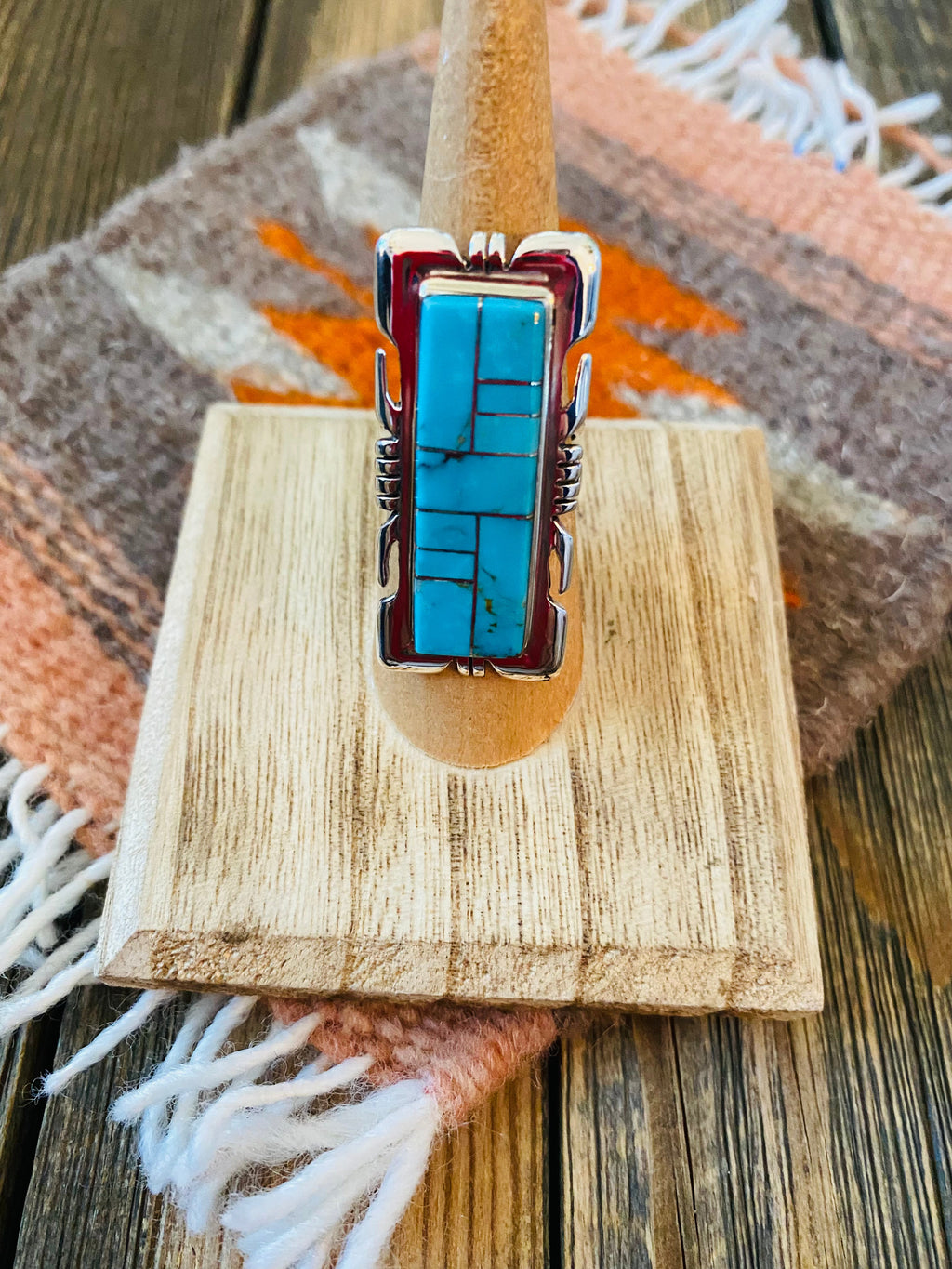 Handcrafted Sterling Silver & Turquoise Inlay Ring Size 6.5