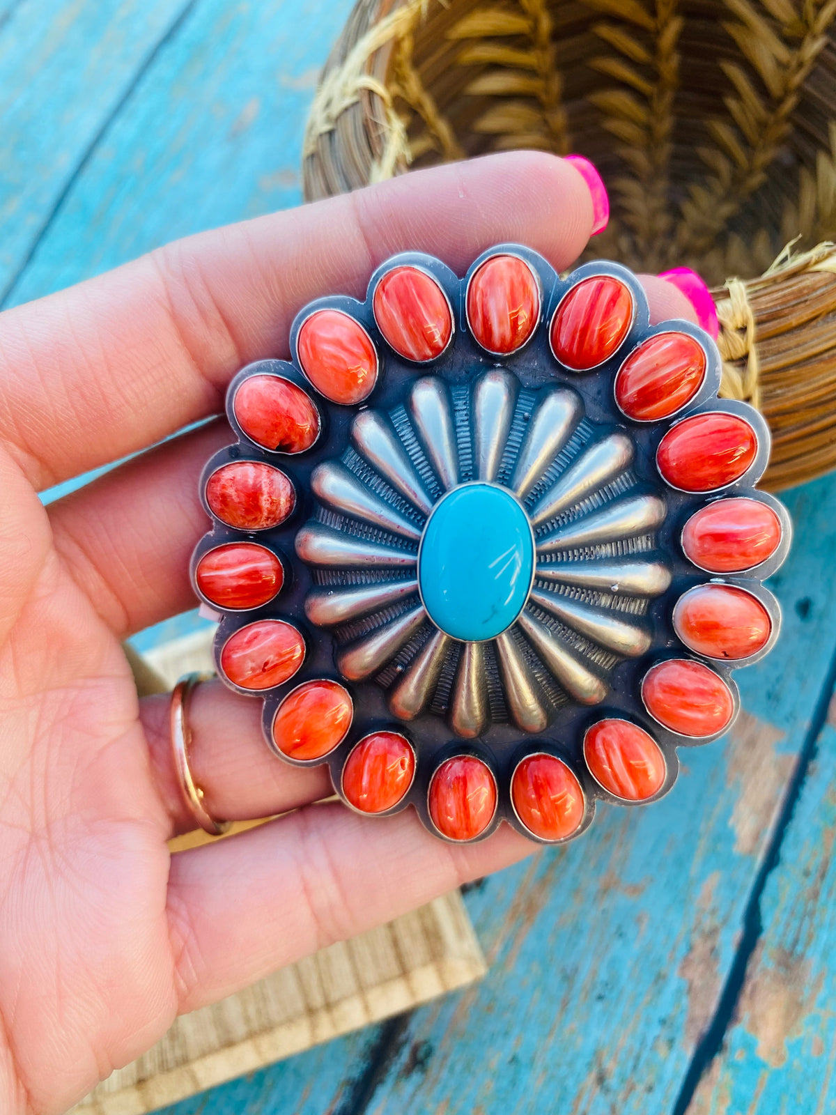 Handcrafted Red Spiny, Turquoise & Sterling Silver Adjustable Ring