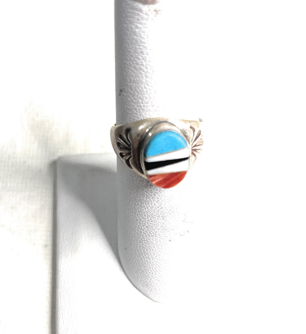 Old Pawn Handcrafted Sterling Silver & Multi Stone Inlay Ring Size 6