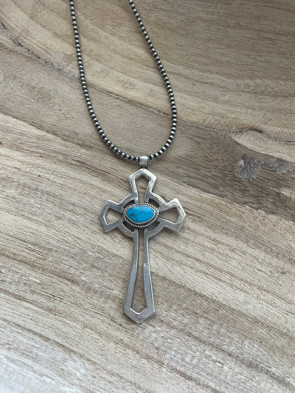 Handcrafted Sterling Silver & Turquoise Cross Pendant Signed Eugene Mitchell