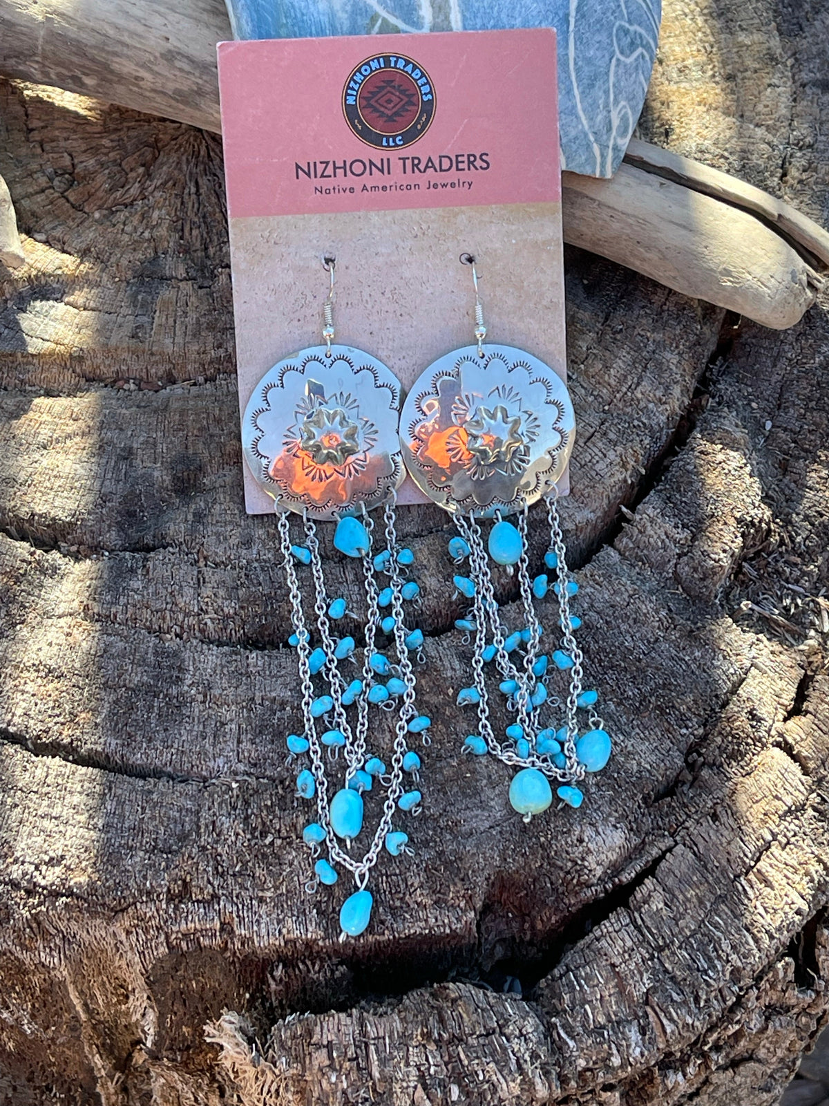 Sterling Silver Turquoise Concho Chain Dangle Earrings