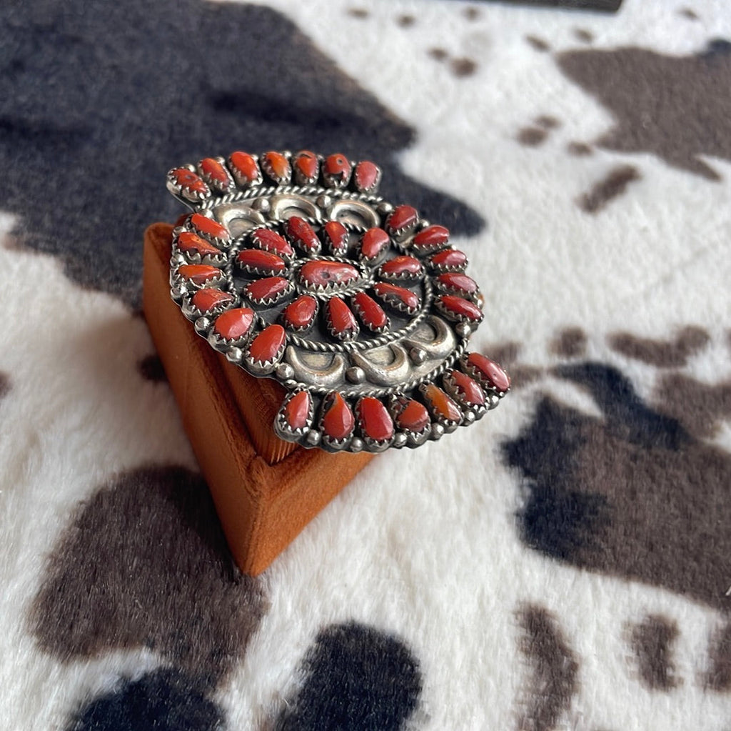 Handcrafted  Coral & Sterling Silver Ring Size 8 Signed