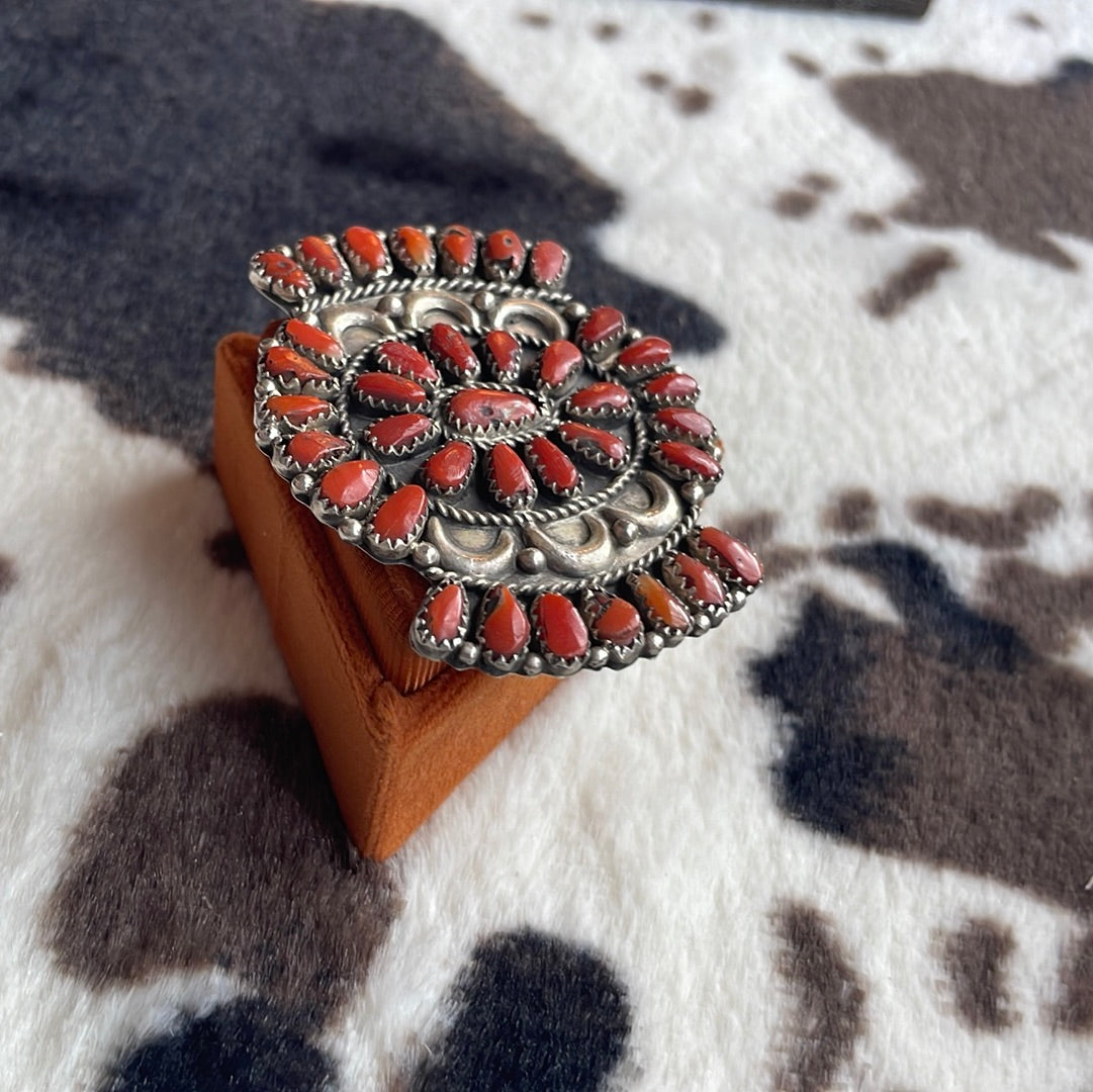 Handcrafted  Coral & Sterling Silver Ring Size 8 Signed