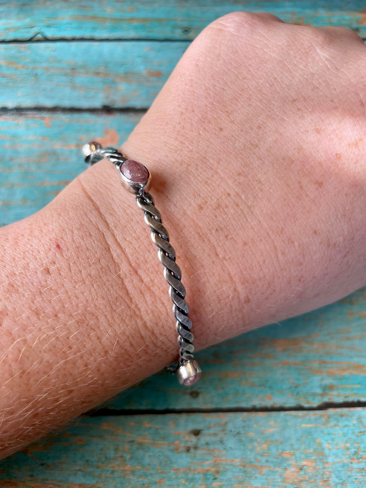 Handcrafted Rhondite And Sterling Silver Bangle Bracelet