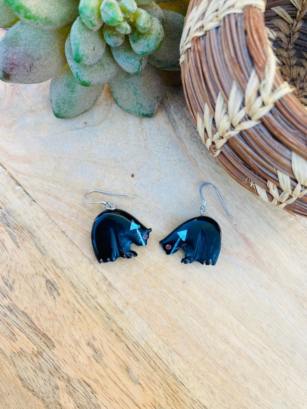 Handcrafted Vintage Jet & Turquoise Fetish Bear Dangle Earrings