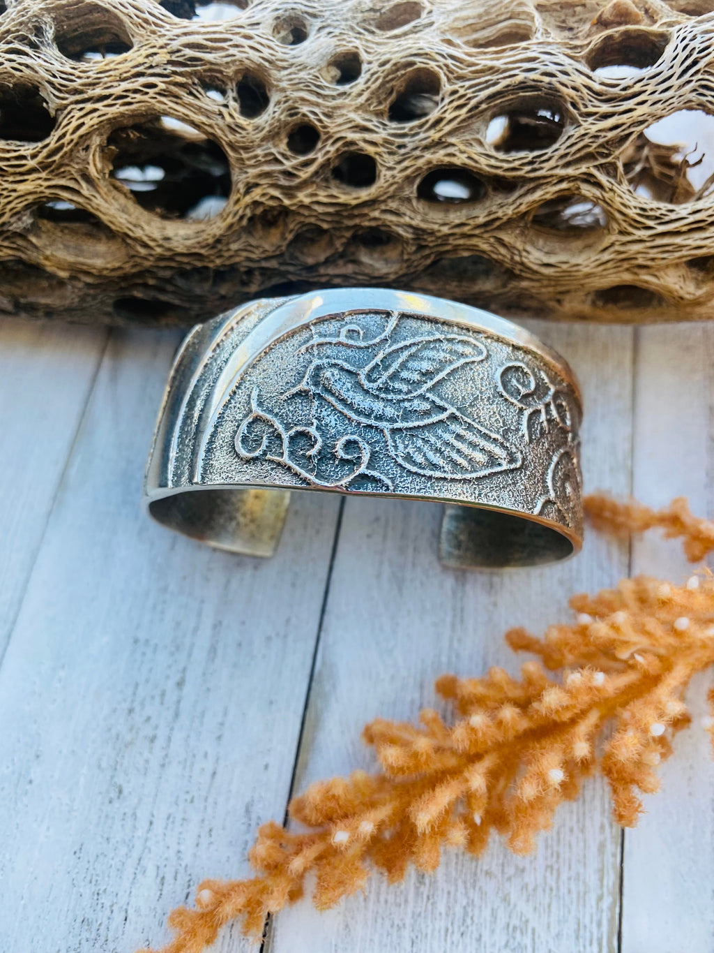 Handcrafted Vintage Sterling Silver Tufa Cast Hummingbird Cuff Bracelet