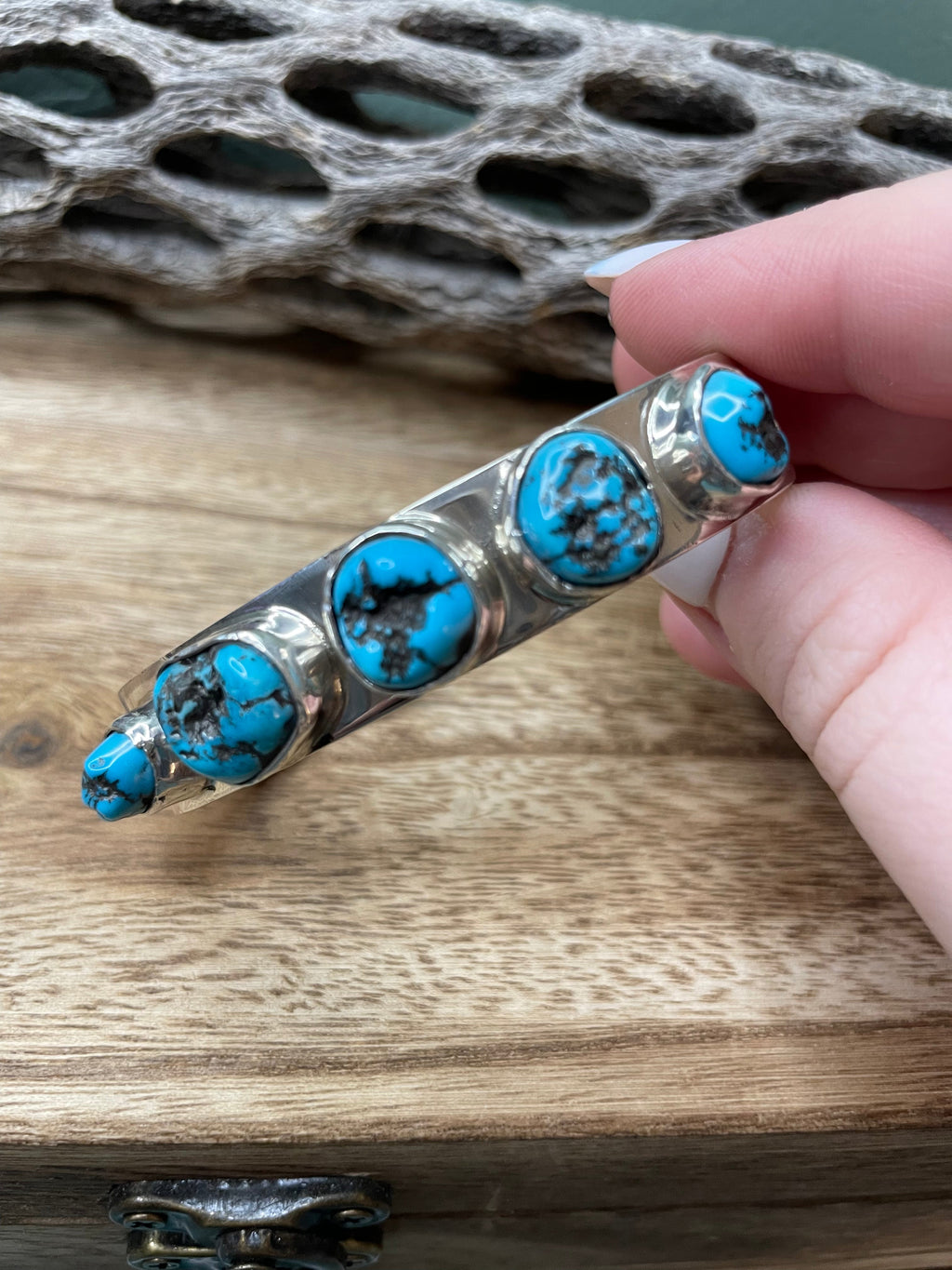 Handcrafted Sterling Silver 5 Stone Turquoise Cuff Chimney Butte Signed /