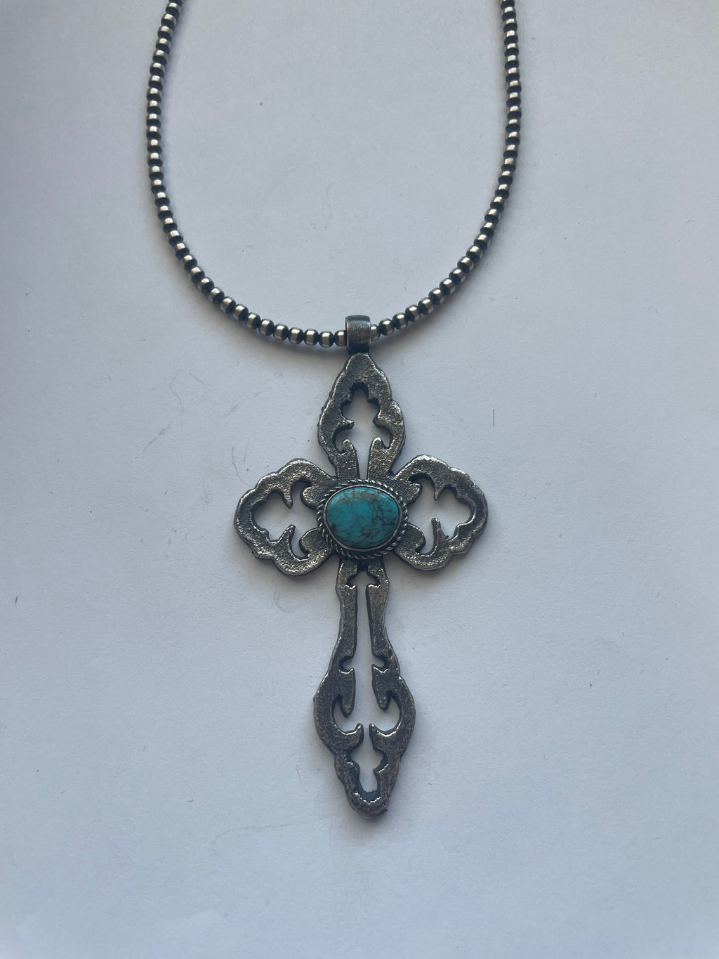 Handcrafted Sterling Silver & Turquoise Cross Pendant Signed Eugene Mitchell