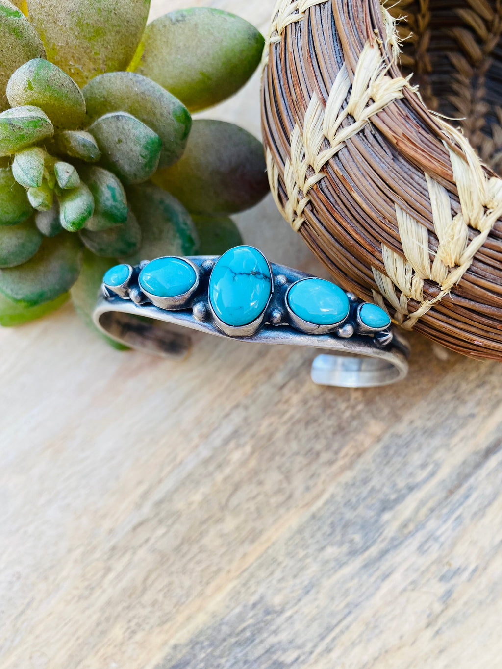 Handcrafted Vintage Turquoise & Sterling Silver Five Stone Cuff Bracelet Signed /