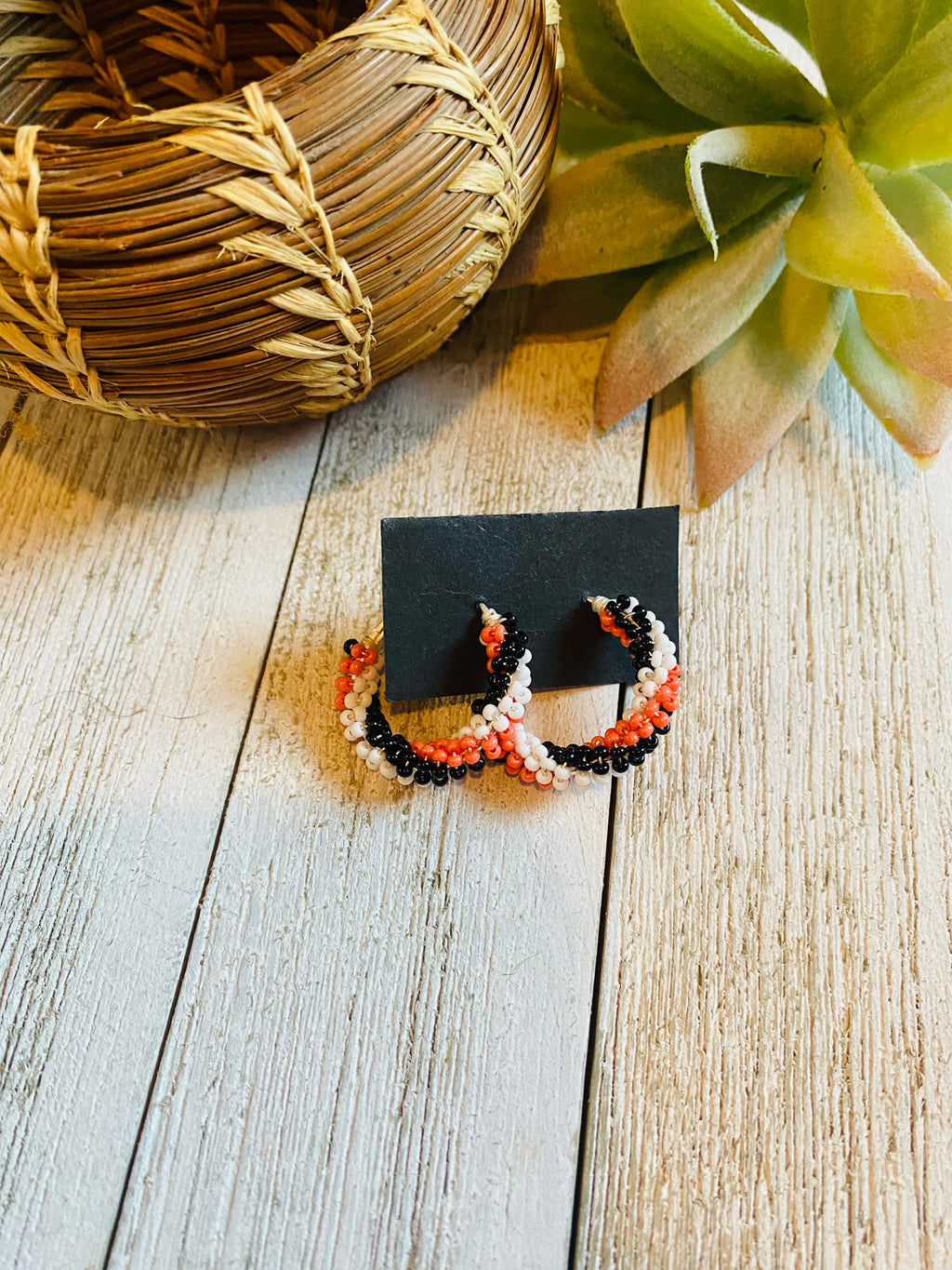 Handcrafted Handmade Beaded Hoop Earrings- orange