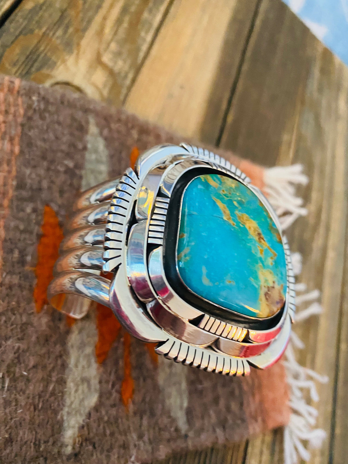 Handcrafted Royston Turquoise & Sterling Silver Cuff Bracelet Signed