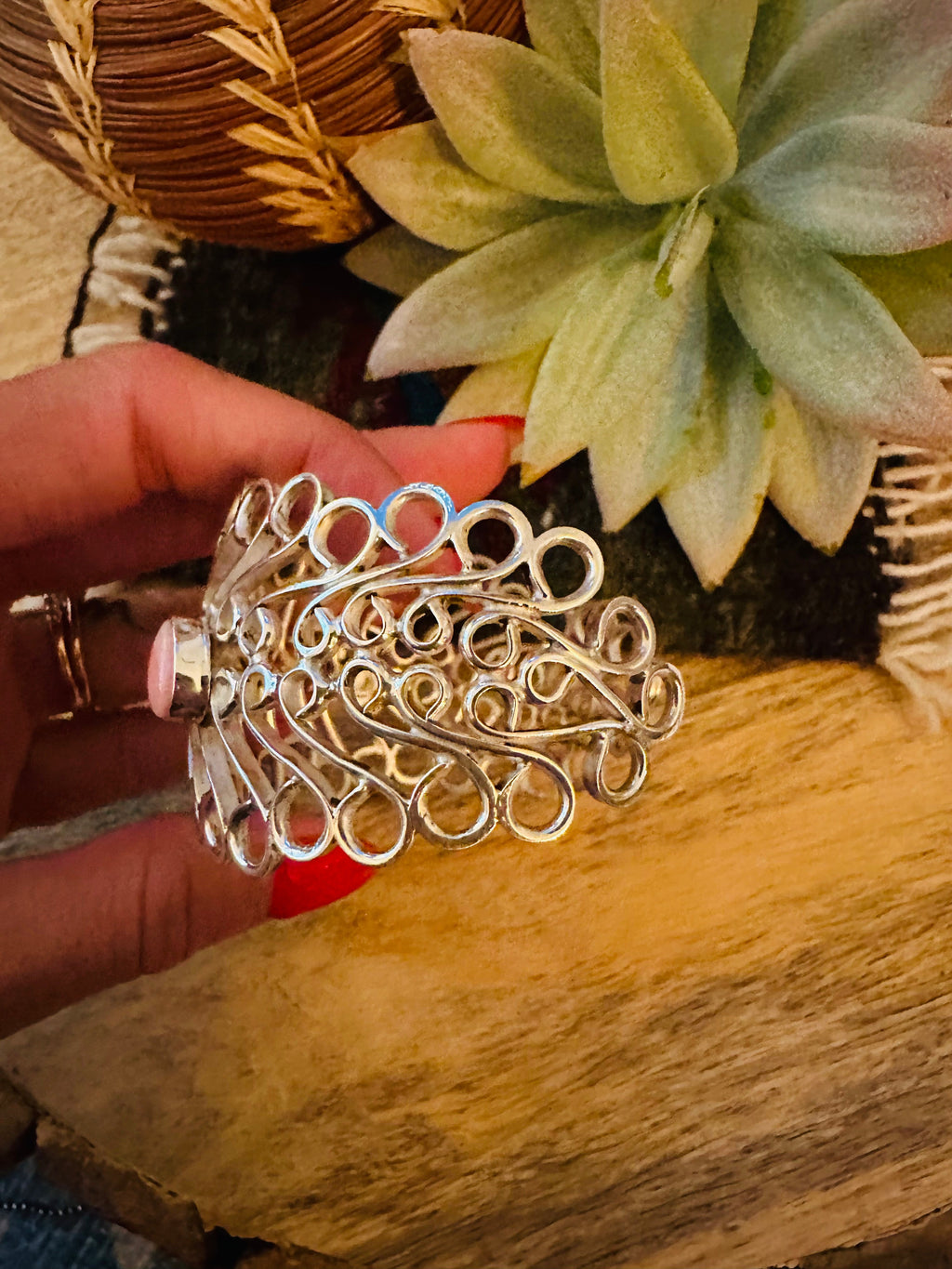 Handcrafted Queen Pink Conch Shell & Sterling Silver Cuff Bracelet