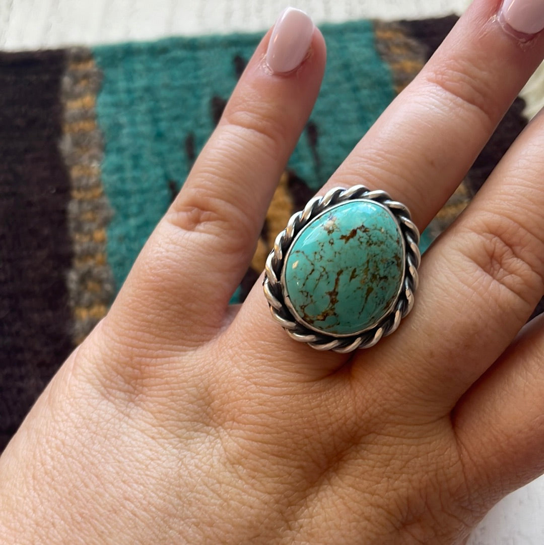 Handcrafted Turquoise Sterling Silver Oval Ring Size 6.5 Signed