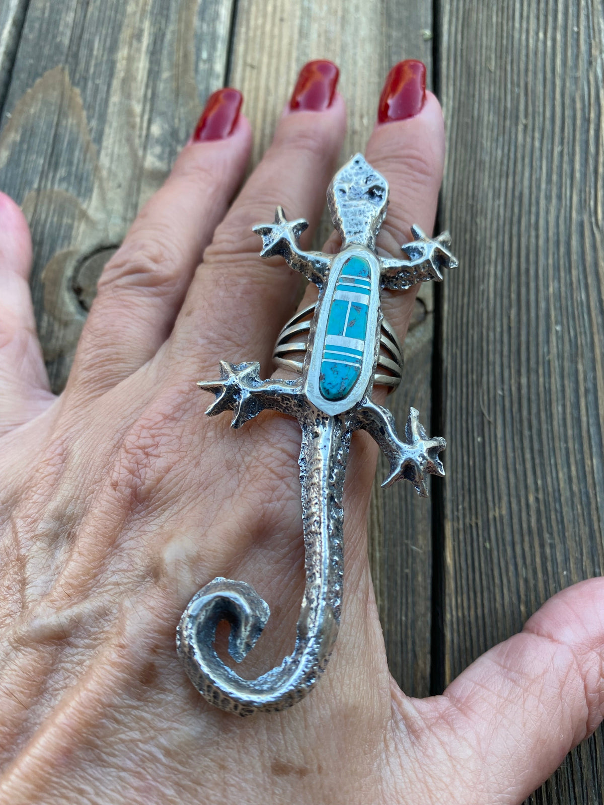 Handcrafted Turquoise& Sterling Silver Inlay Gecko Ring