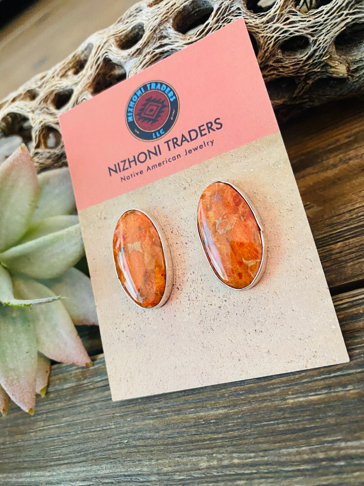 Handcrafted Sterling Silver & Orange Spiny Post Earrings 1.1/8”
