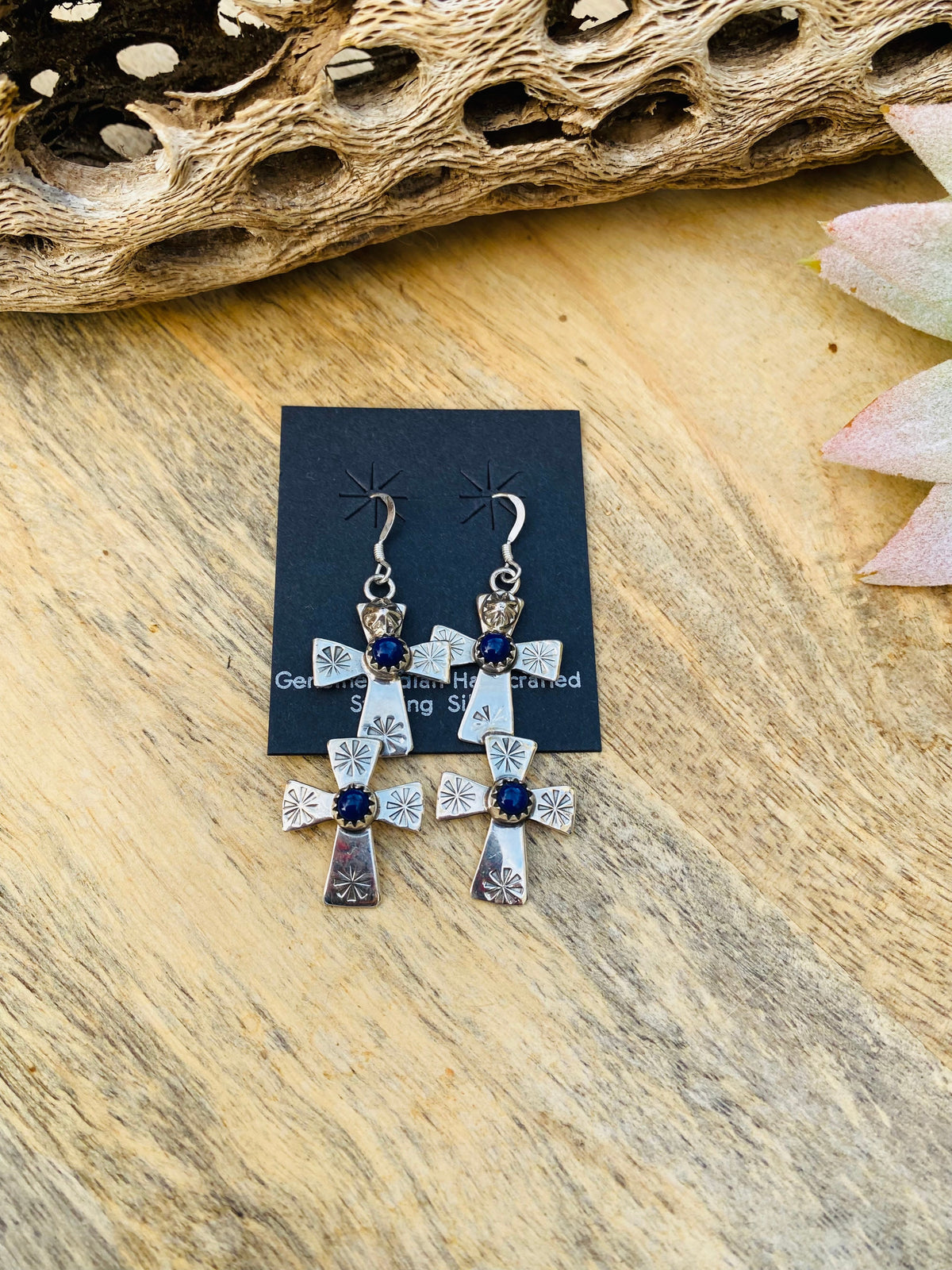 Handcrafted & Hand Stamped Sterling Silver & Lapis Double Cross Dangle Earrings