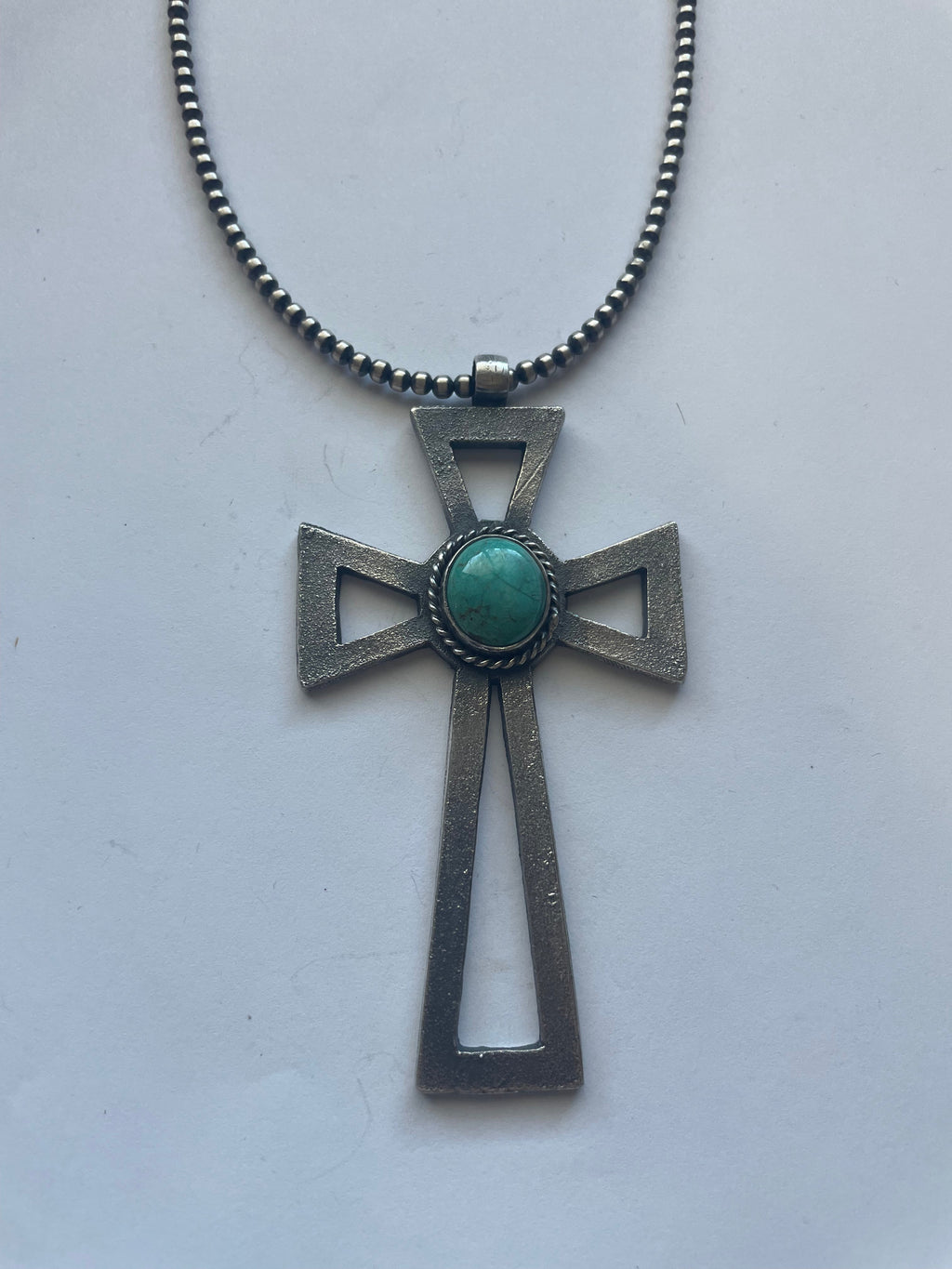 Handcrafted Sterling Silver & Turquoise Cross Pendant Signed Eugene Mitchell