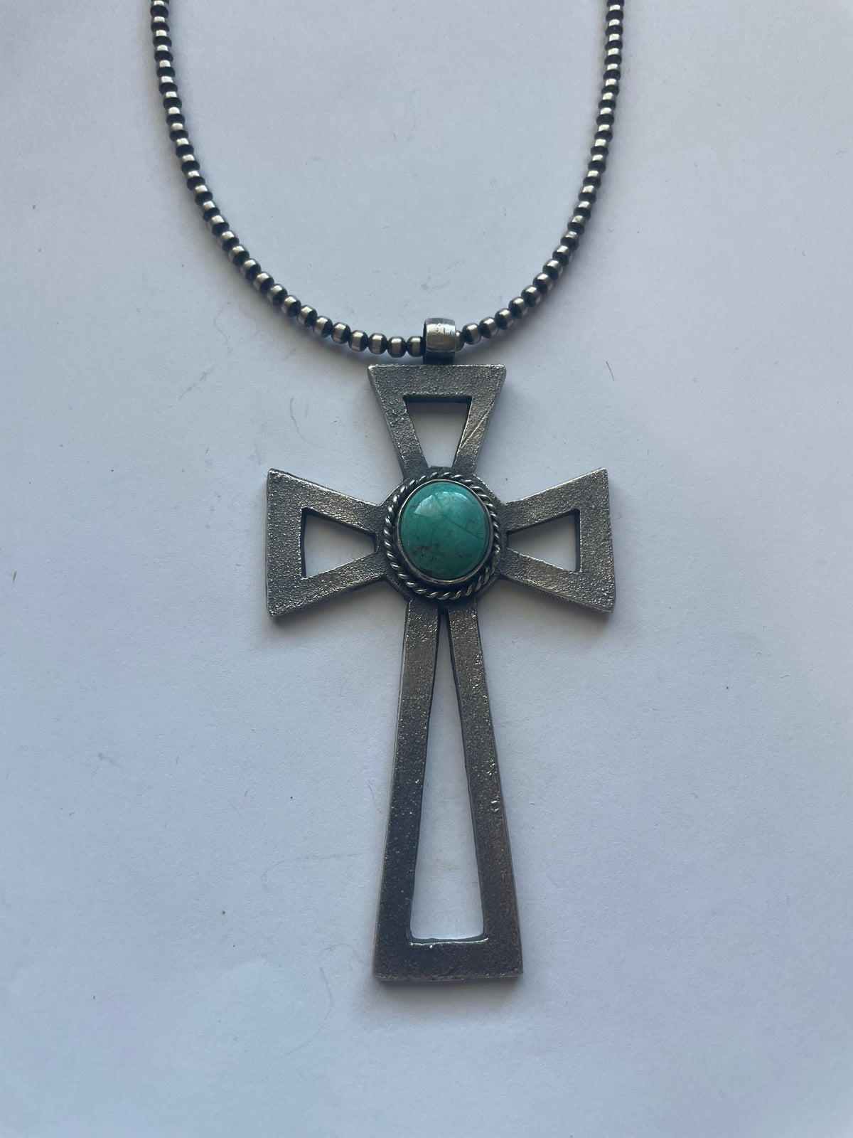 Handcrafted Sterling Silver & Turquoise Cross Pendant Signed Eugene Mitchell