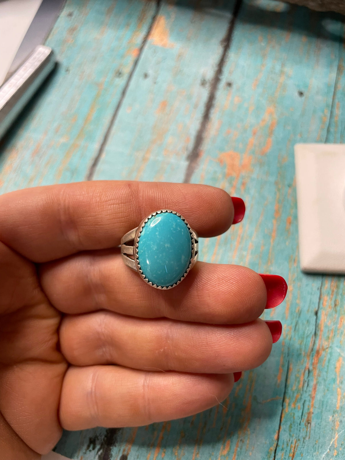 Old Pawn Handcrafted Sterling Silver & Light Blue Larimer Ring Size 8