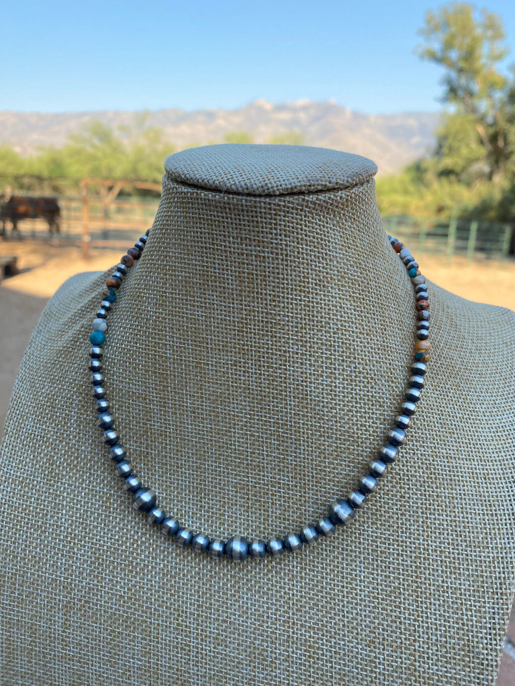 Handcrafted Turquoise & Spiny Spice Sterling Silver Beaded Necklace 16 inch