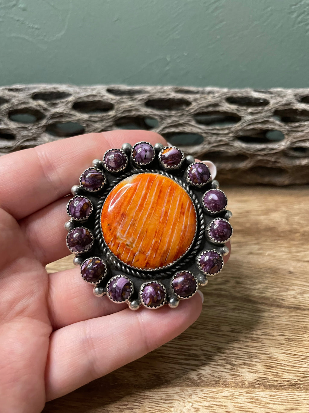 Handcrafted Sterling Silver And Orange And Purple Spiny Adjustable Ring