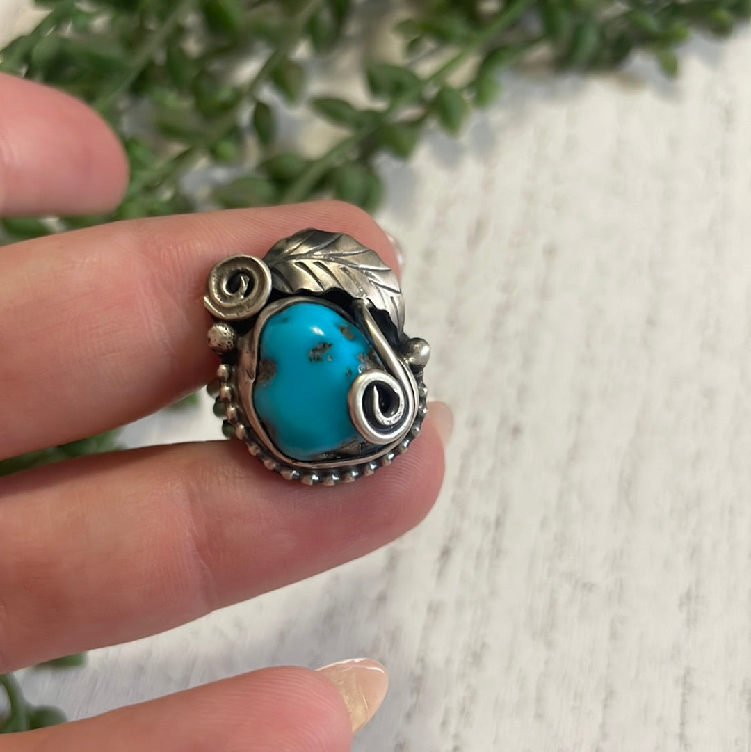 Handcrafted Turquoise & Sterling Silver Feather Ring Signed Size 8.75