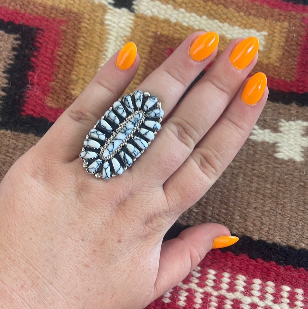 Handcrafted Sterling Silver & White Buffalo Cluster Ring Signed