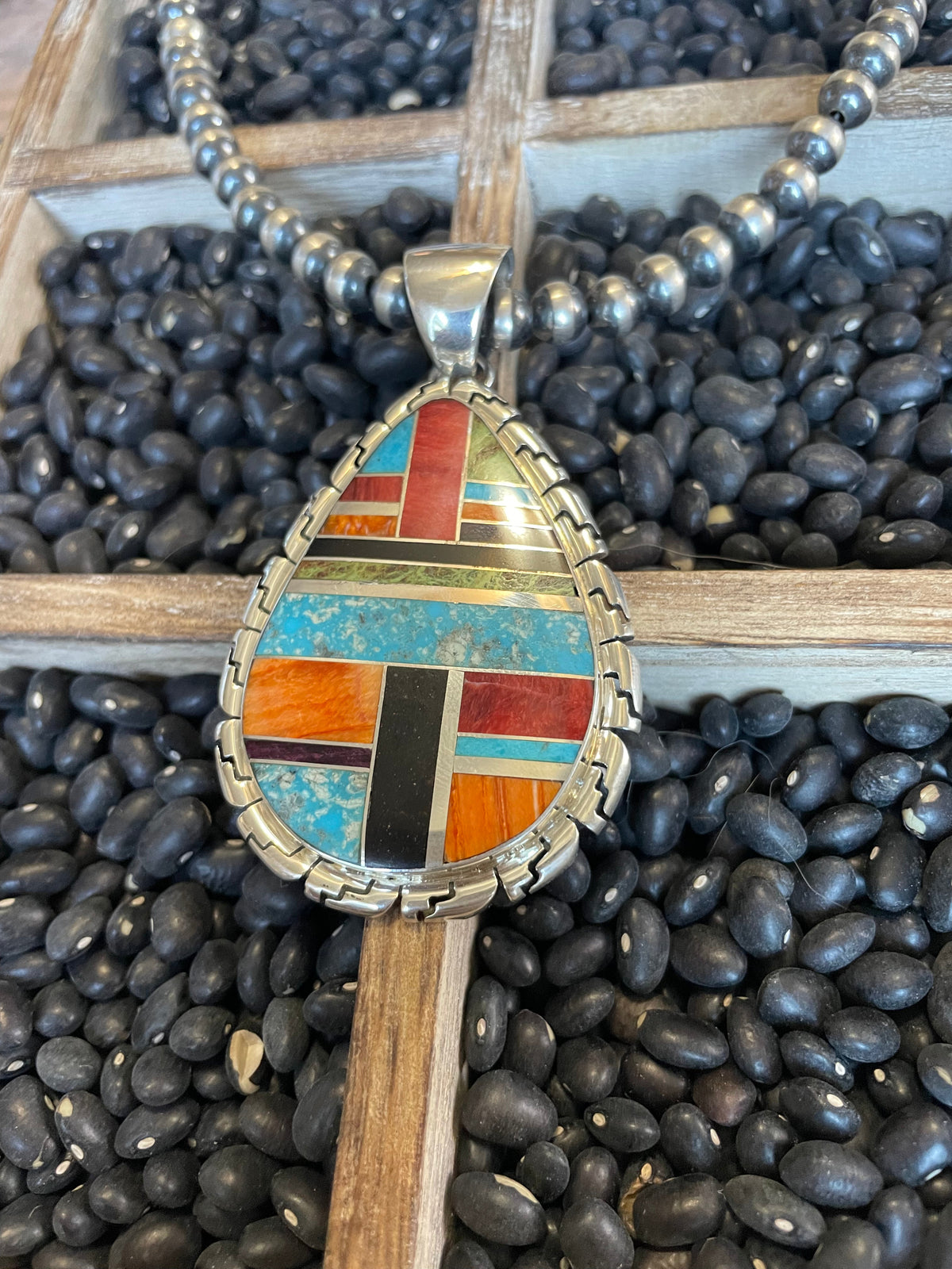 Handcrafted Multi Stone Inlay & Sterling Silver Pendant Signed LK