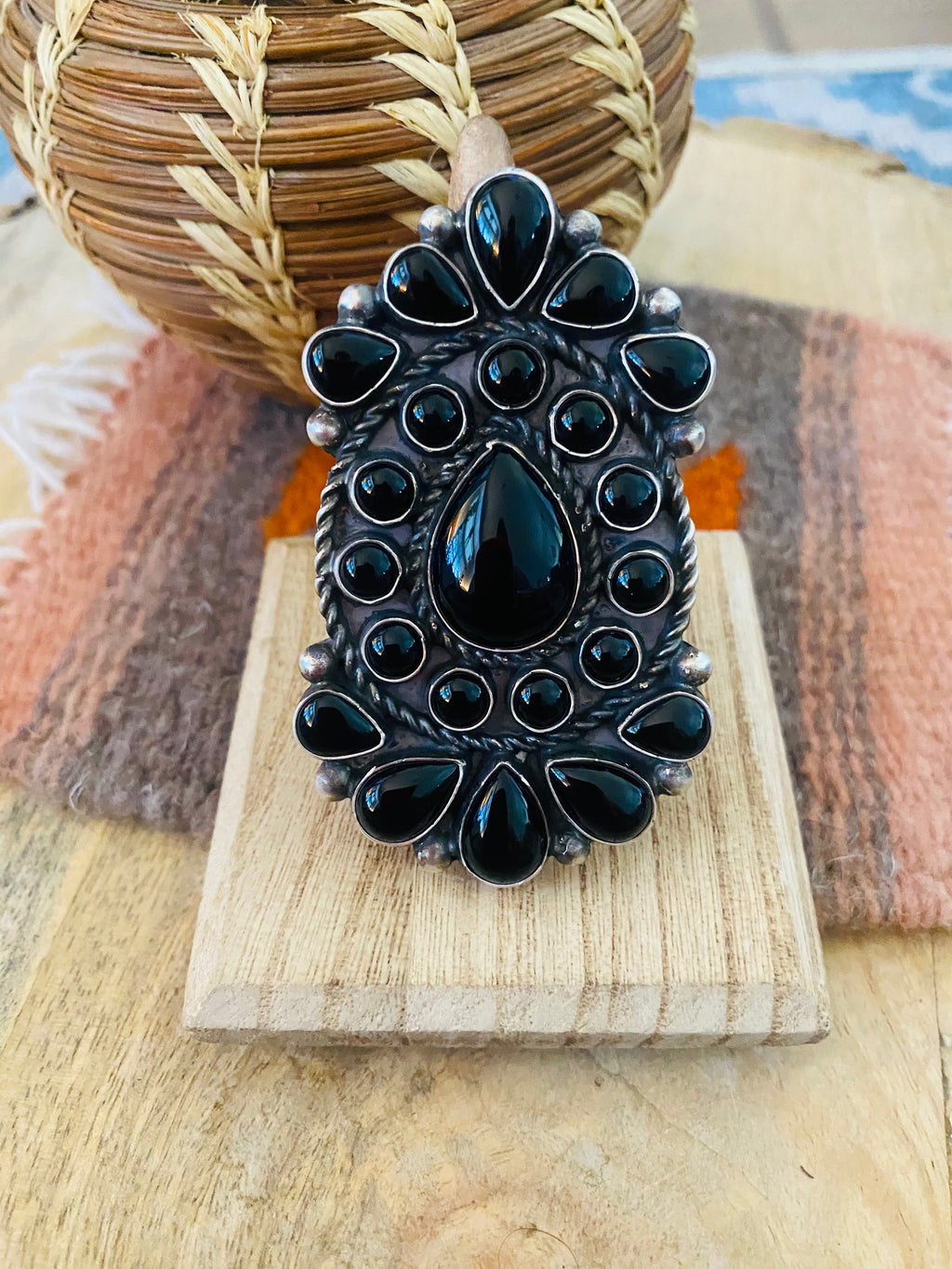 Handcrafted Sterling Silver & Black Onyx Cluster Ring Size 9