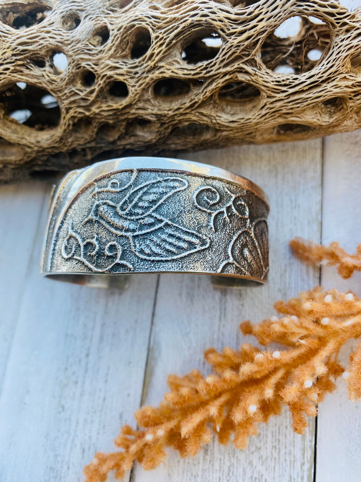 Handcrafted Vintage Sterling Silver Tufa Cast Hummingbird Cuff Bracelet