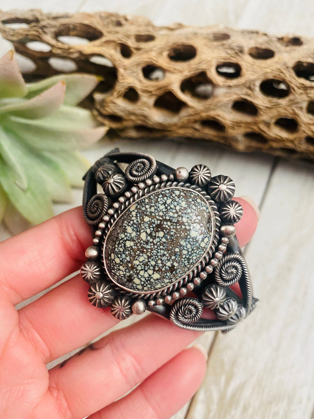Handcrafted New Lander Turquoise & Sterling Silver Cuff Bracelet Signed