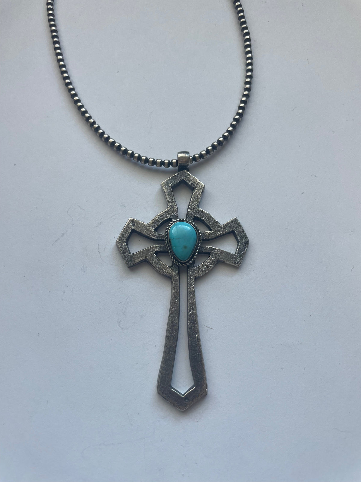 Handcrafted Sterling Silver & Turquoise Cross Pendant Signed Eugene Mitchell