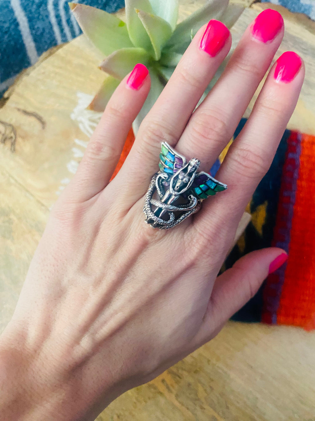 Handmade Sterling Silver & Multi Stone Inlay Snake Queen Ring Size 9.5
