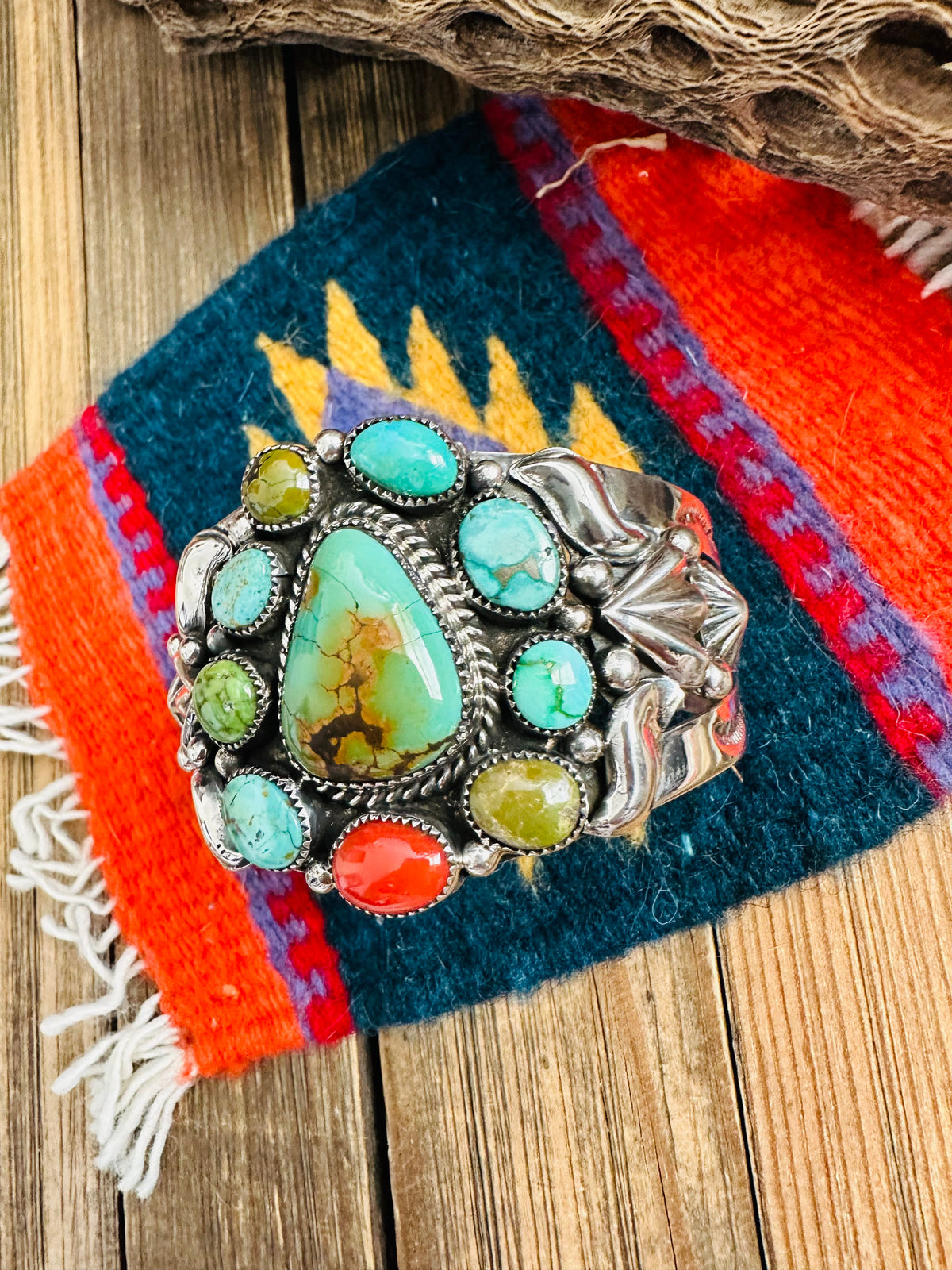 Handcrafted Old Pawn Turquoise, Coral & Sterling Silver Cuff Bracelet /