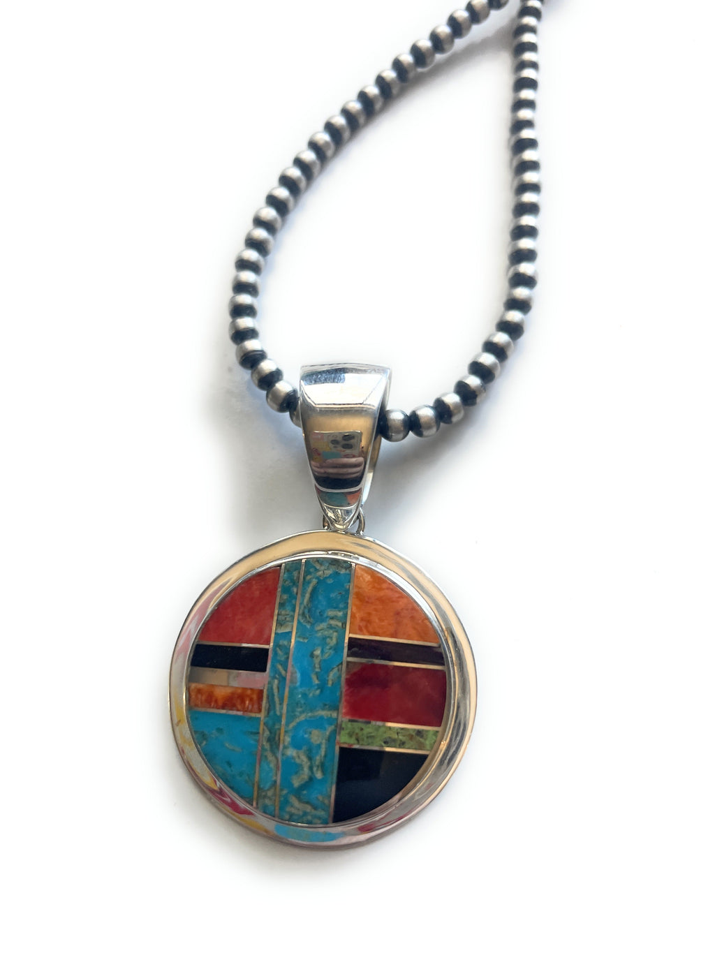 Handcrafted Multi Stone Inlay & Sterling Silver Circle Pendant