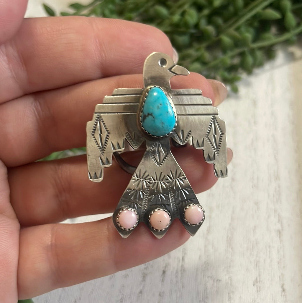 Handcrafted Thunderbird Sterling Silver, Pink Conch & Turquoise Adjustable Ring Signed