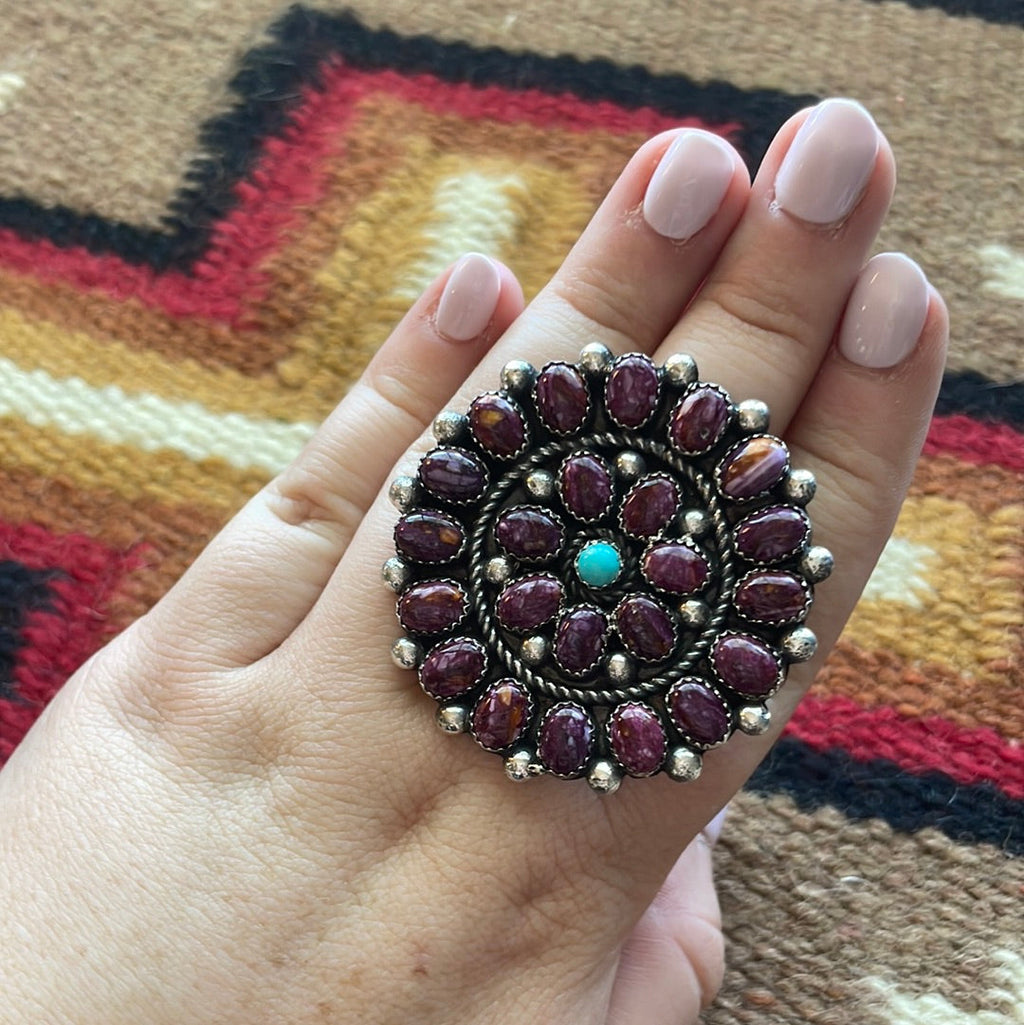 Handcrafted Sterling Silver, Turquoise, Purple Spiny Flower Adjustable Ring Signed