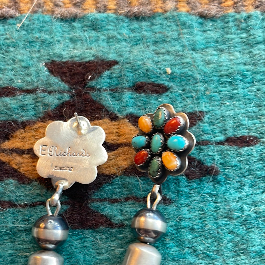 Handcrafted Sterling Silver Tassel Multi Stone Flower Dangle Earrings Signed