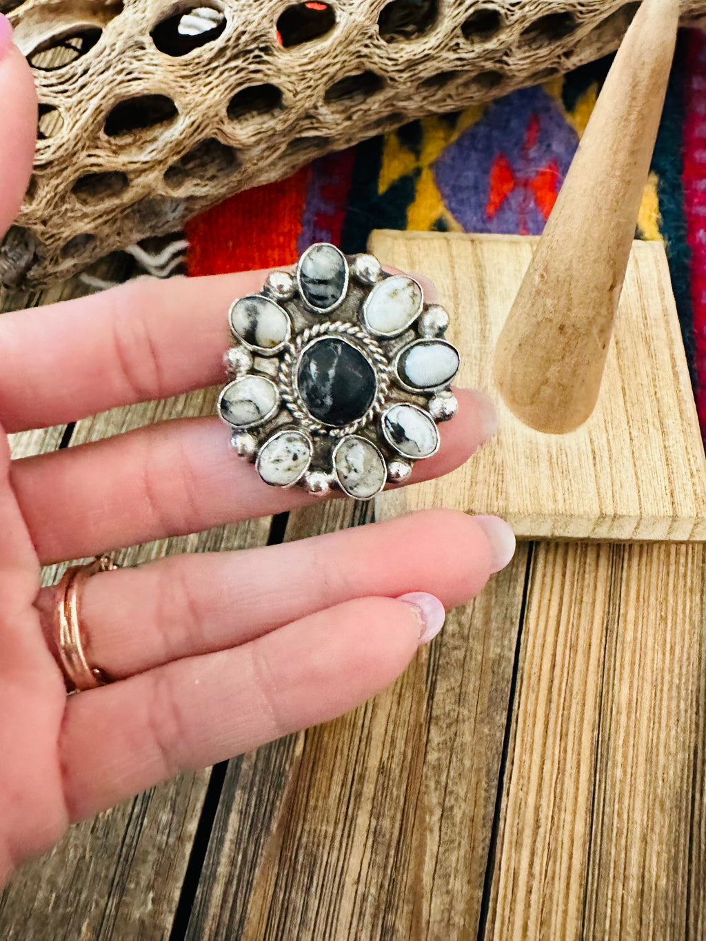 Handcrafted Sterling Silver And White Buffalo Cluster Adjustable Ring