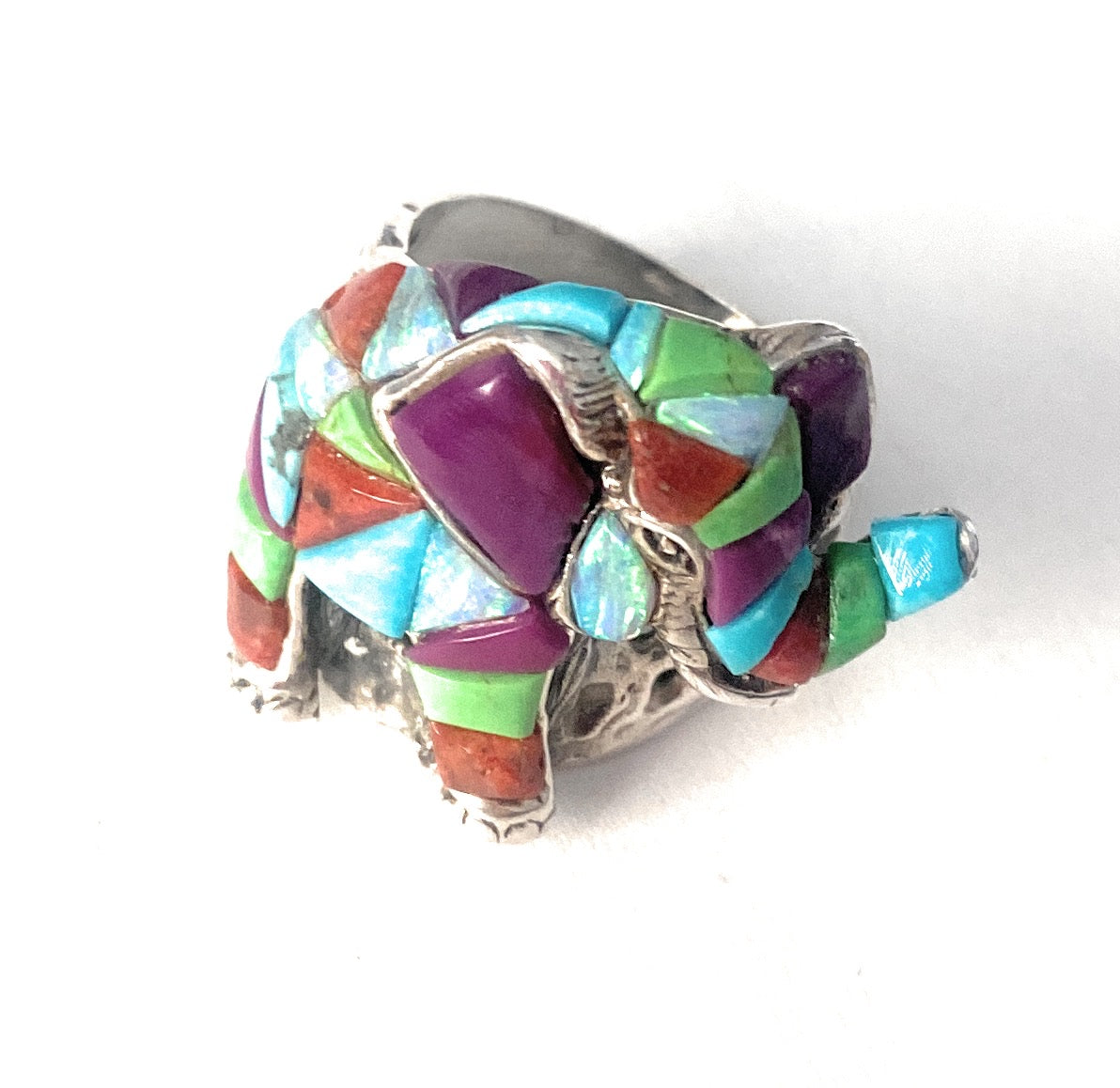 Handmade Sterling Silver & Multi Stone Inlay Elephant Ring Size 7.5