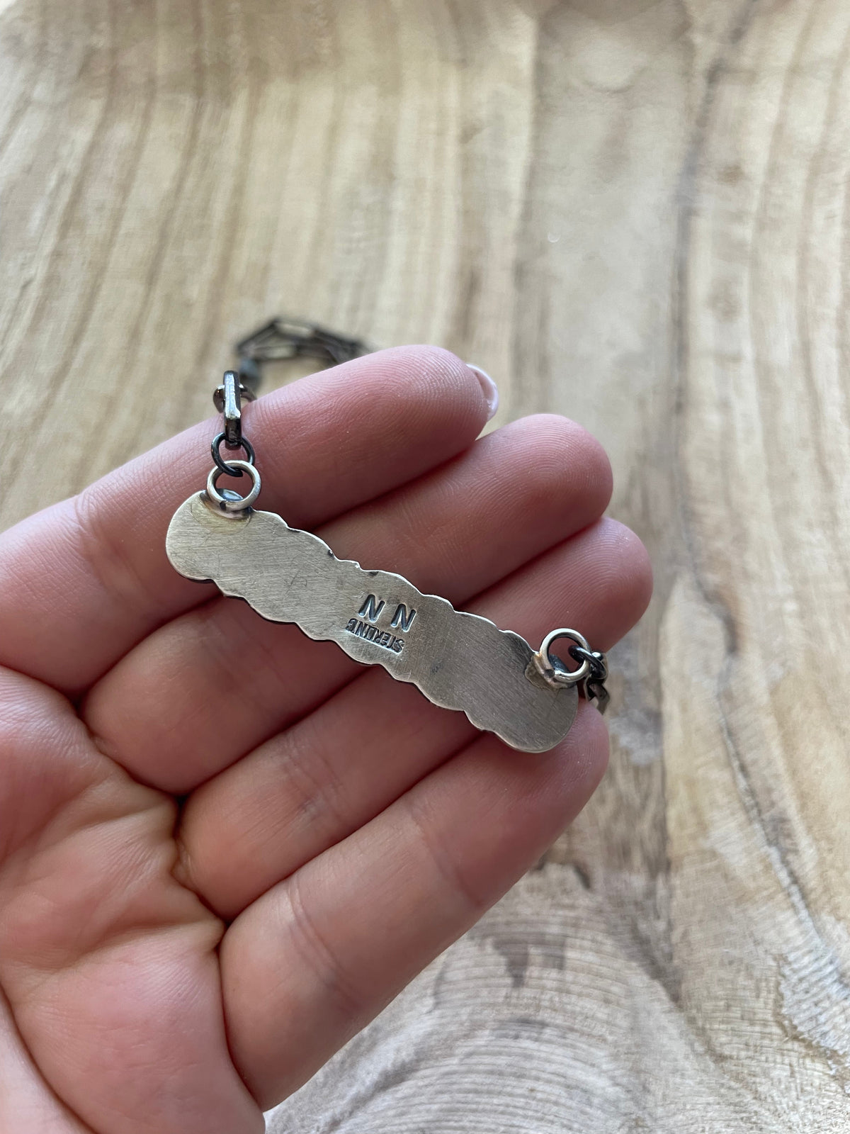 Handcrafted Sterling Silver & Pink Opal Bar Necklace 16 inch Signed