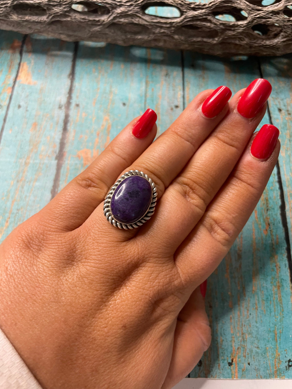 Old Pawn Handcrafted Sterling Silver & Charorite Ring Size 7.5