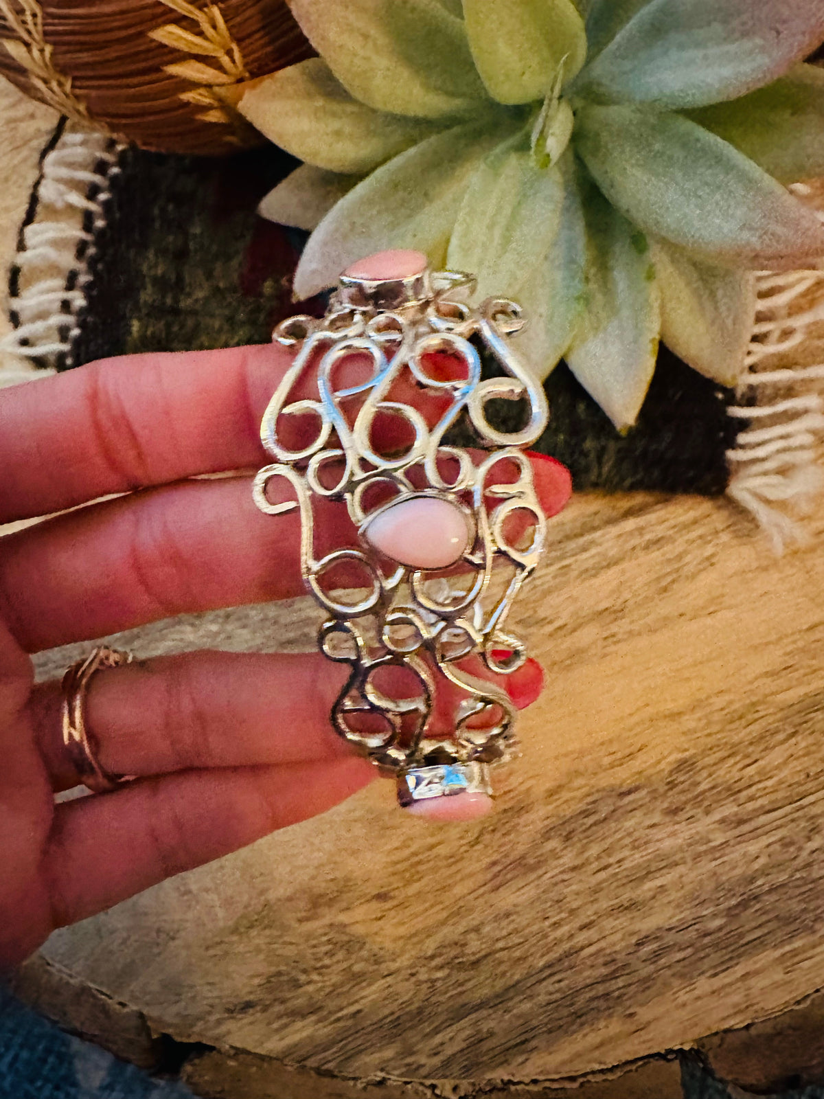 Handcrafted Queen Pink Conch Shell & Sterling Silver Cuff Bracelet