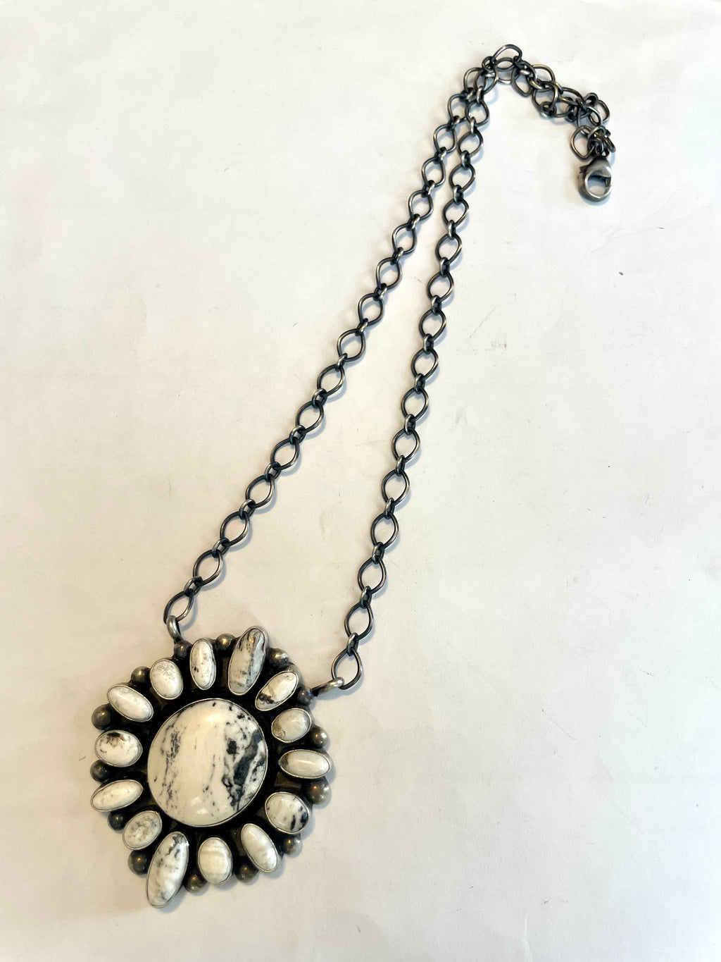 Handcrafted White Buffalo And Sterling Silver Cluster Necklace Signed & Stamped