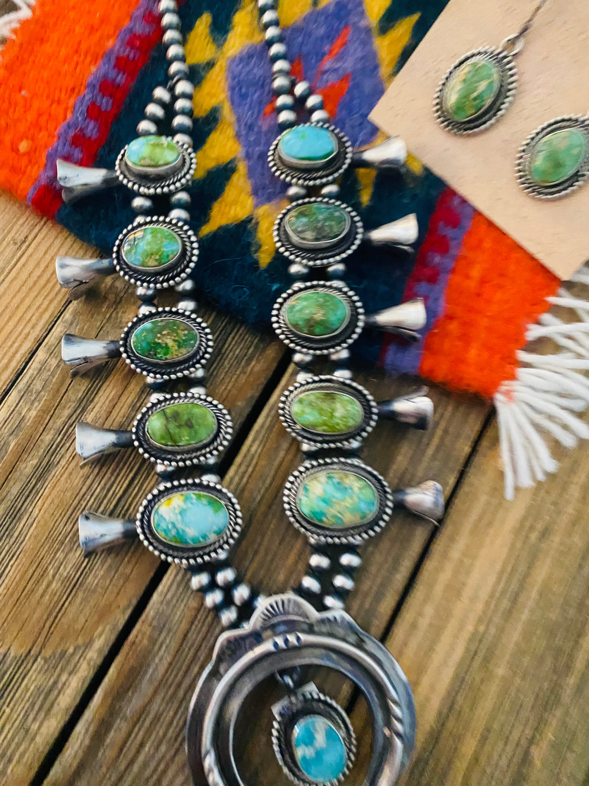 Handcrafted Sonoran Gold Turquoise & Sterling Silver Squash Blossom Necklace Set
