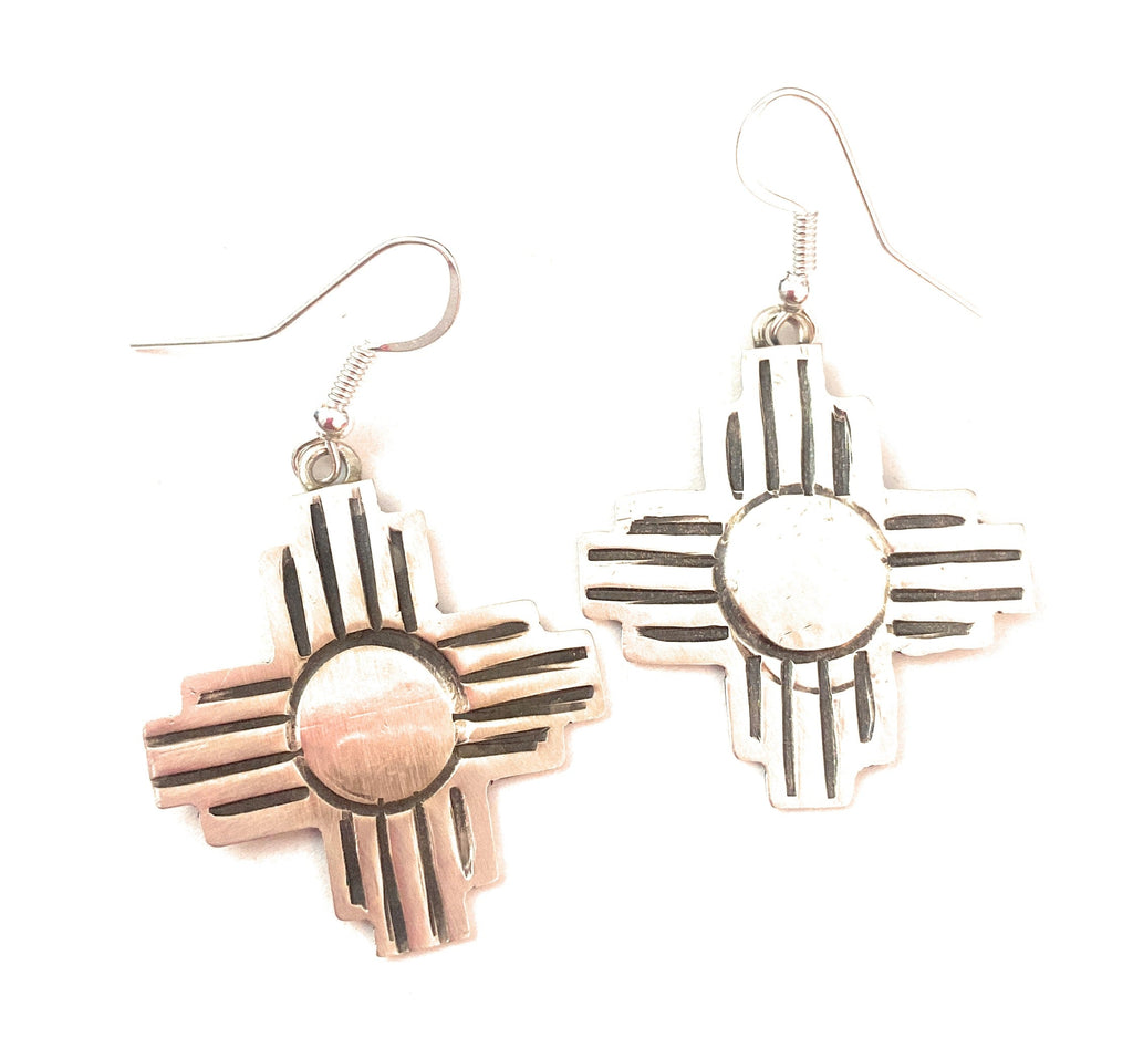 Handcrafted Hand Stamped Sterling Silver Zia Cross Dangle Earrings Signed