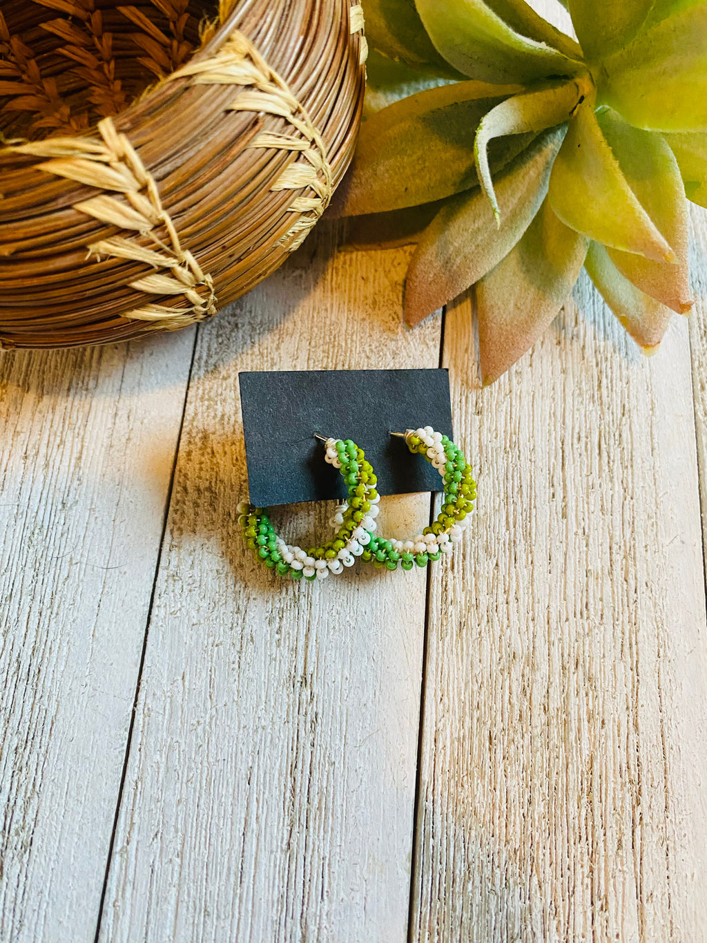 Handcrafted Handmade Beaded Hoop Earrings- green