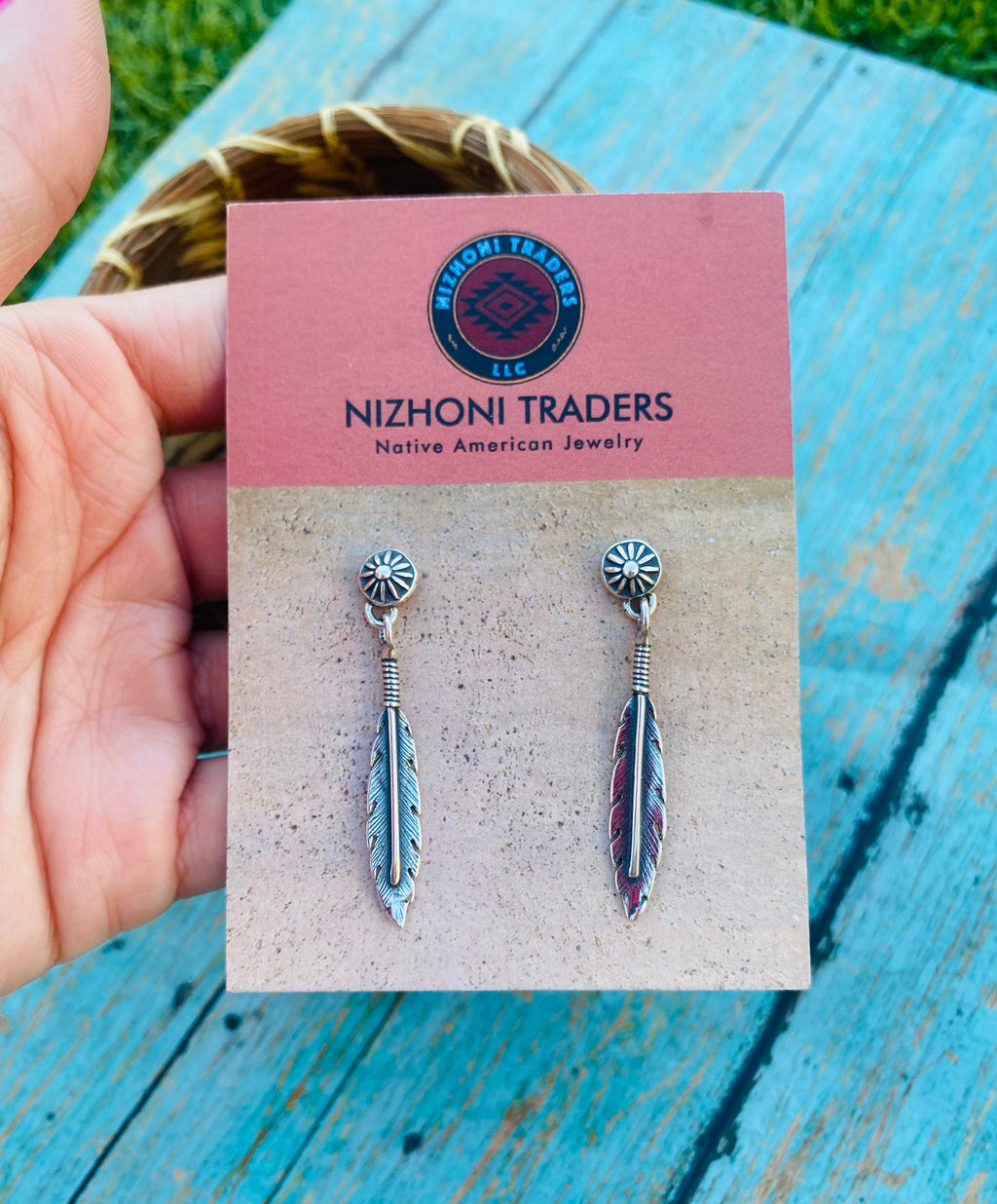 Handcrafted Sterling Silver Concho Feather Dangle Earrings
