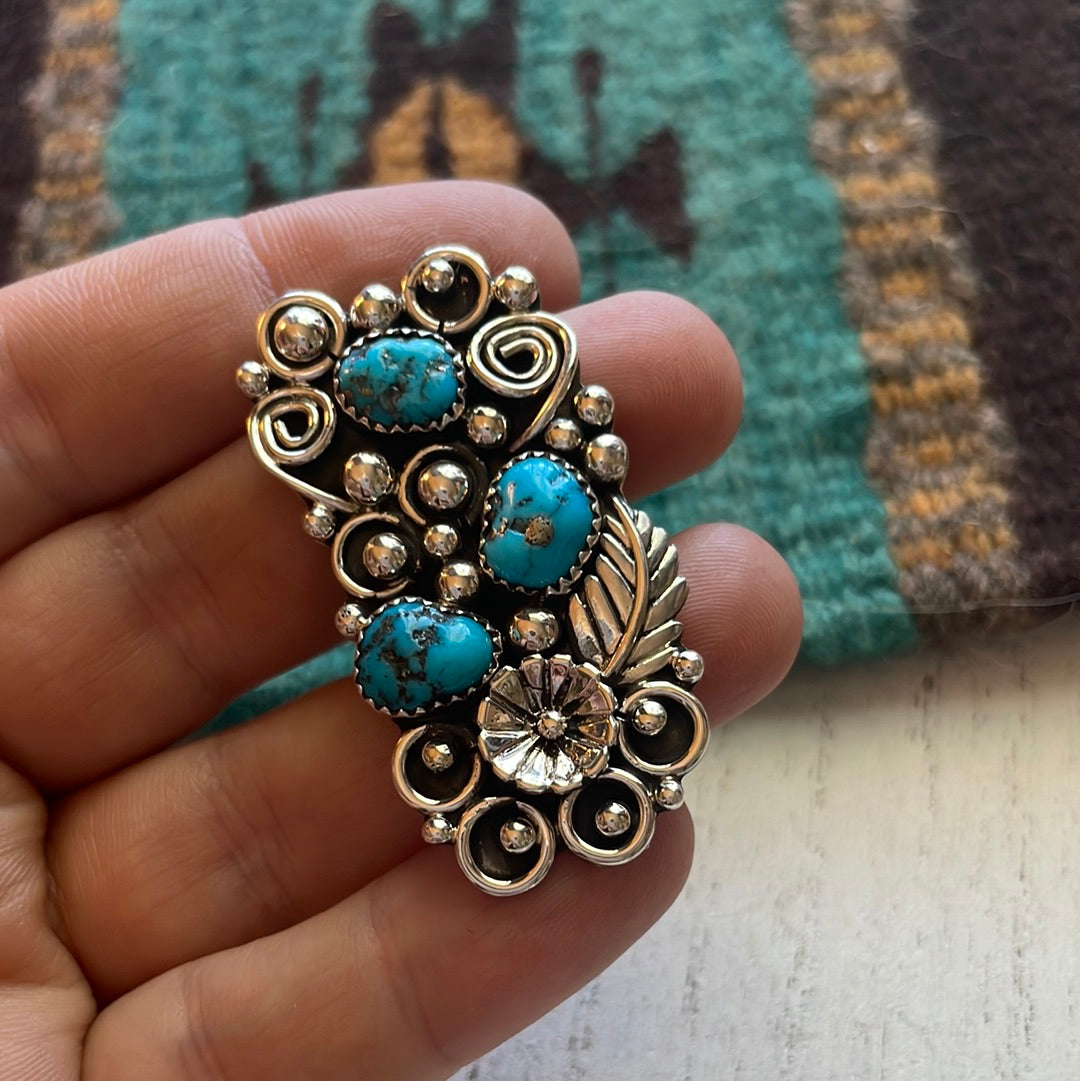 Handcrafted Sterling Silver & Turquoise Flower Ring Size 11