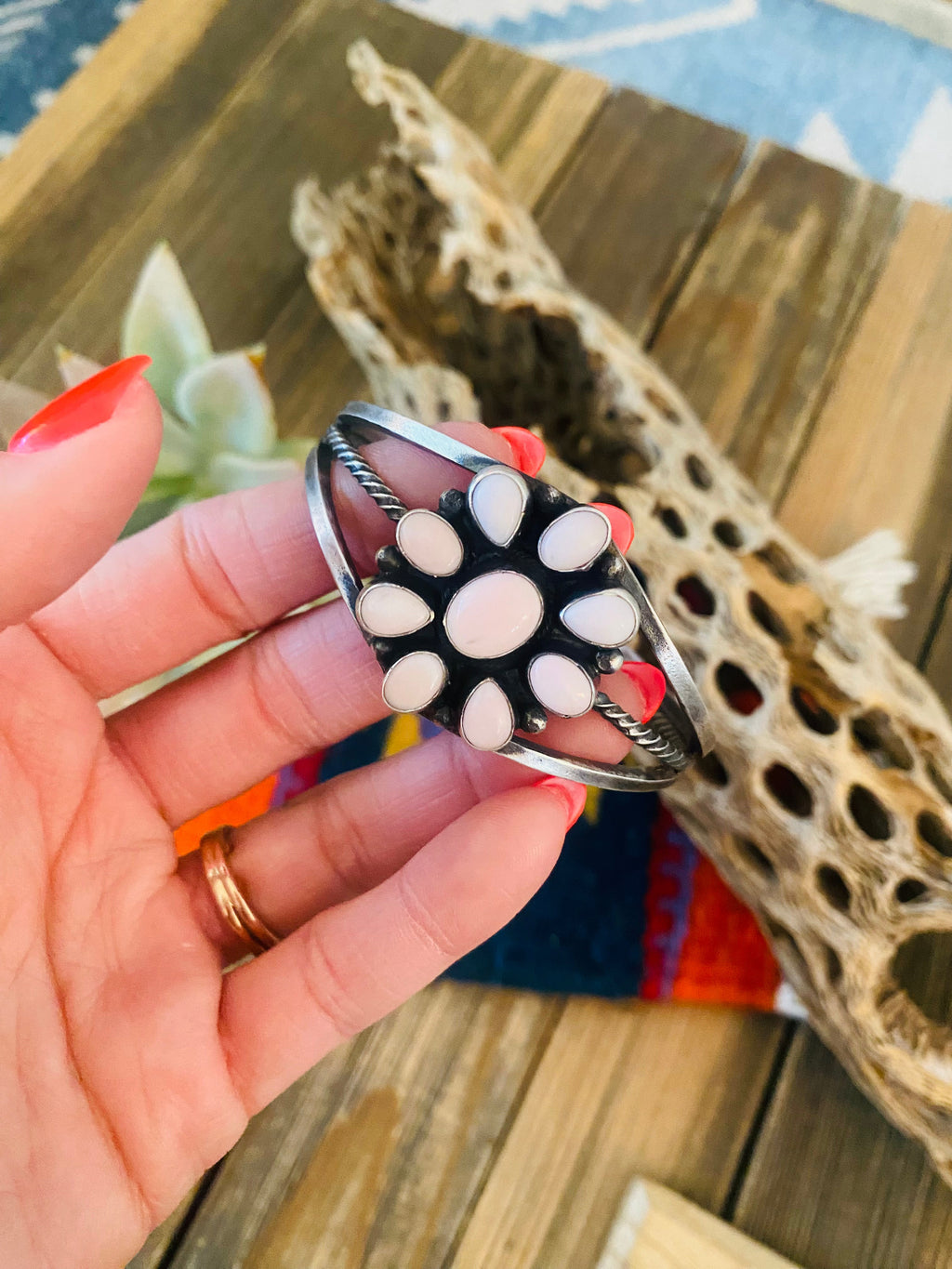 Handcrafted Queen Pink Conch Shell & Sterling Silver Cuff Bracelet